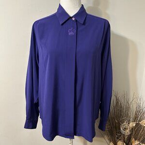 Vtg David Matthew Blouse Top Hidden Button Up  Embroidered Crown Purple Sz 10